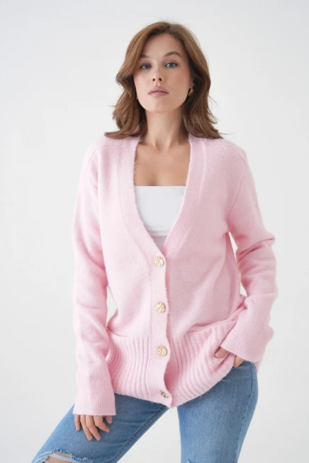 Kadın V Yaka Düğme Kapama Yün Karışımlı Şardonlu Oversize Triko Hırka 8641Sw