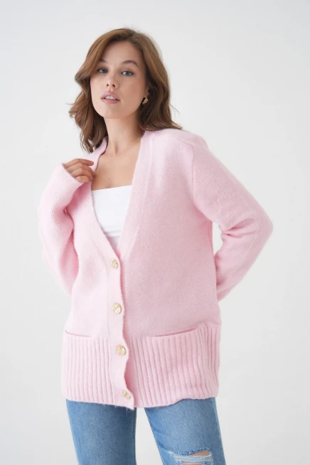 Kadın V Yaka Düğme Kapama Yün Karışımlı Şardonlu Oversize Triko Hırka 8641Sw