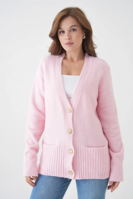 Kadın V Yaka Düğme Kapama Yün Karışımlı Şardonlu Oversize Triko Hırka 8641Sw