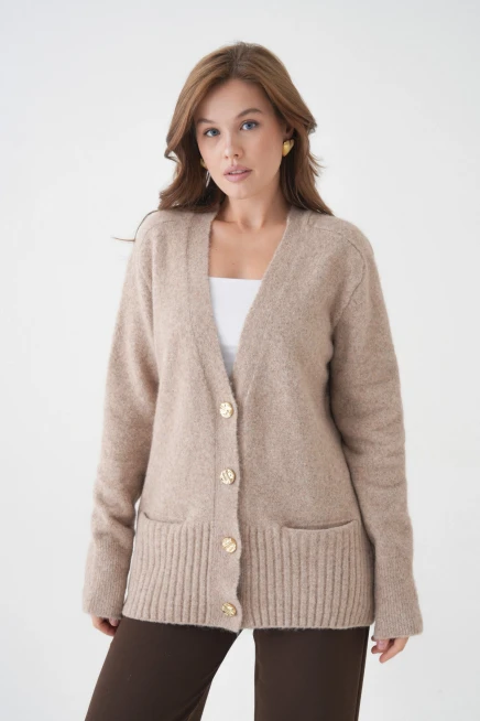 Kadın V Yaka Düğme Kapama Yün Karışımlı Şardonlu Oversize Triko Hırka 8641Sw