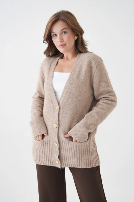 Kadın V Yaka Düğme Kapama Yün Karışımlı Şardonlu Oversize Triko Hırka 8641Sw