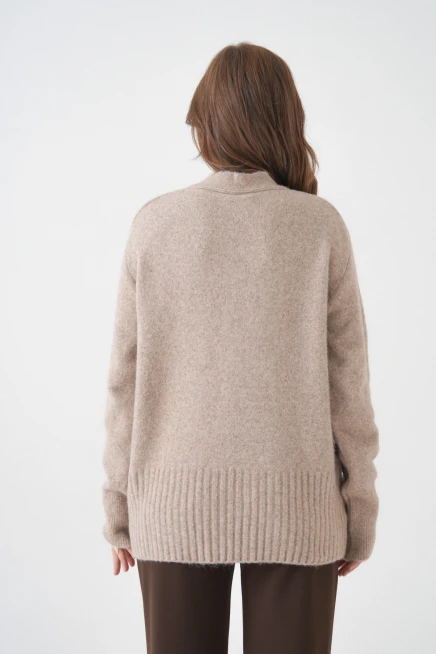 Kadın V Yaka Düğme Kapama Yün Karışımlı Şardonlu Oversize Triko Hırka 8641Sw