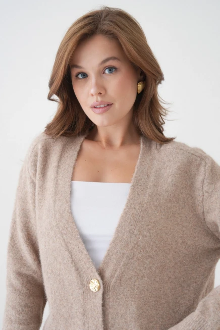 Kadın V Yaka Düğme Kapama Yün Karışımlı Şardonlu Oversize Triko Hırka 8641Sw