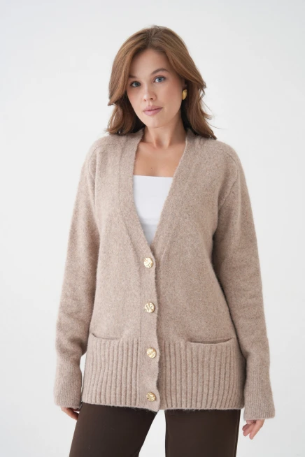 Kadın V Yaka Düğme Kapama Yün Karışımlı Şardonlu Oversize Triko Hırka 8641Sw