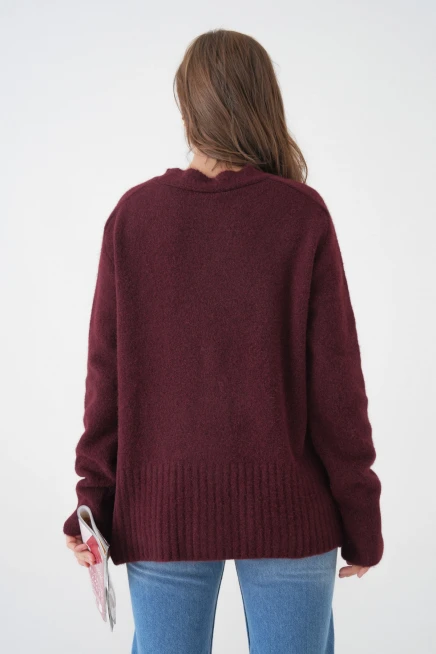 Kadın V Yaka Düğme Kapama Yün Karışımlı Şardonlu Oversize Triko Hırka 8641Sw