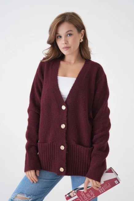 Kadın V Yaka Düğme Kapama Yün Karışımlı Şardonlu Oversize Triko Hırka 8641Sw