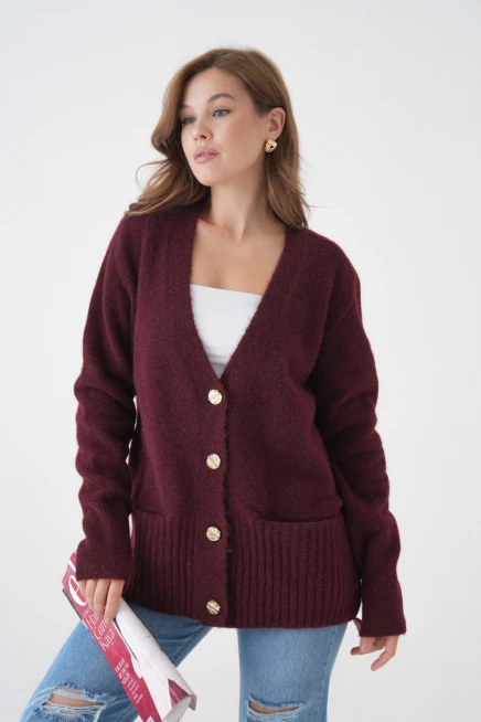 Kadın V Yaka Düğme Kapama Yün Karışımlı Şardonlu Oversize Triko Hırka 8641Sw