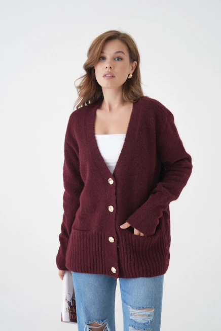 Kadın V Yaka Düğme Kapama Yün Karışımlı Şardonlu Oversize Triko Hırka 8641Sw