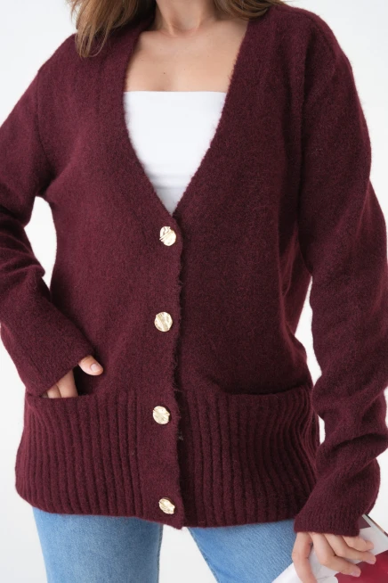 Kadın V Yaka Düğme Kapama Yün Karışımlı Şardonlu Oversize Triko Hırka 8641Sw