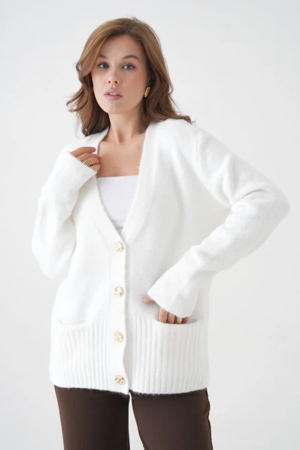 Kadın V Yaka Düğme Kapama Yün Karışımlı Şardonlu Oversize Triko Hırka 8641Sw