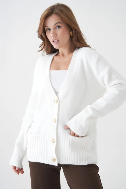 Kadın V Yaka Düğme Kapama Yün Karışımlı Şardonlu Oversize Triko Hırka 8641Sw