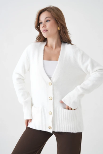 Kadın V Yaka Düğme Kapama Yün Karışımlı Şardonlu Oversize Triko Hırka 8641Sw