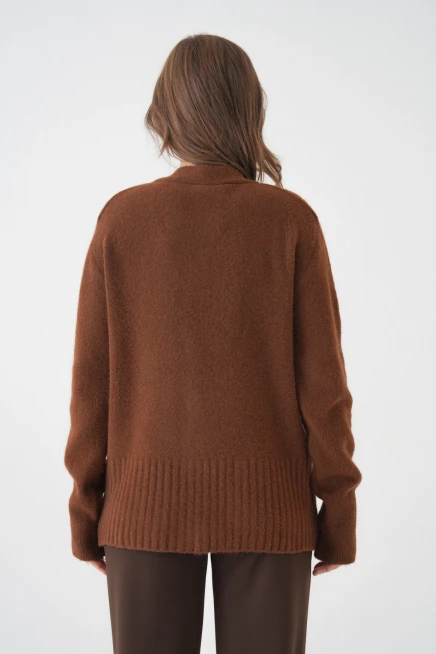 Kadın V Yaka Düğme Kapama Yün Karışımlı Şardonlu Oversize Triko Hırka 8641Sw