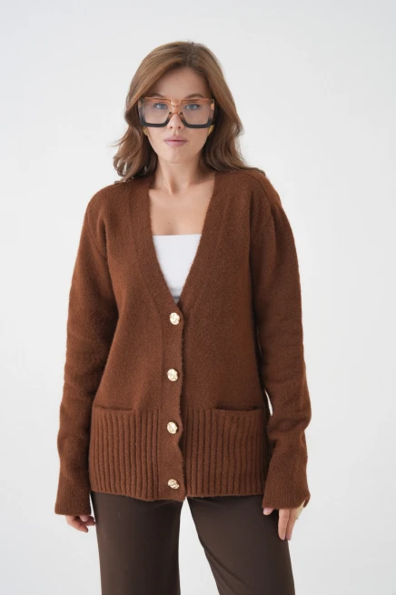 Kadın V Yaka Düğme Kapama Yün Karışımlı Şardonlu Oversize Triko Hırka 8641Sw