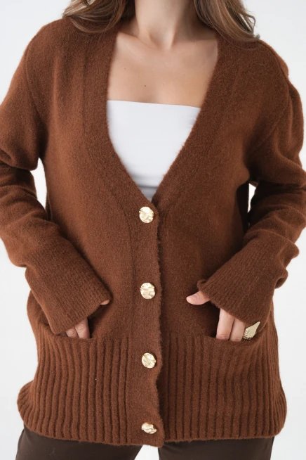 Kadın V Yaka Düğme Kapama Yün Karışımlı Şardonlu Oversize Triko Hırka 8641Sw