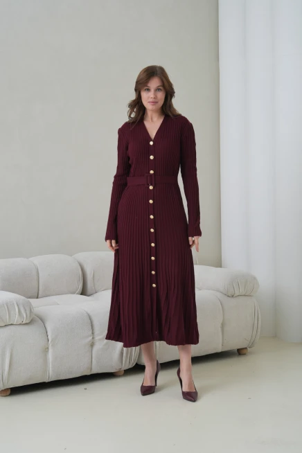 Kadın V Yaka Ful Düğme Kapama Kemer Detay Maksi Boy Fitilli Triko Elbise