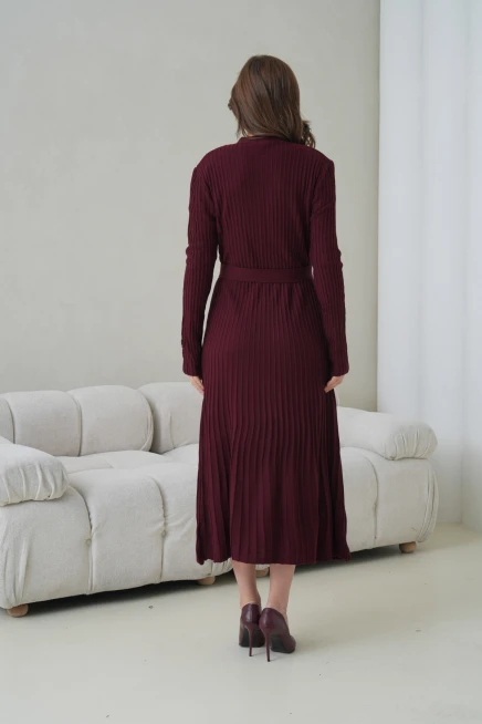 Kadın V Yaka Ful Düğme Kapama Kemer Detay Maksi Boy Fitilli Triko Elbise