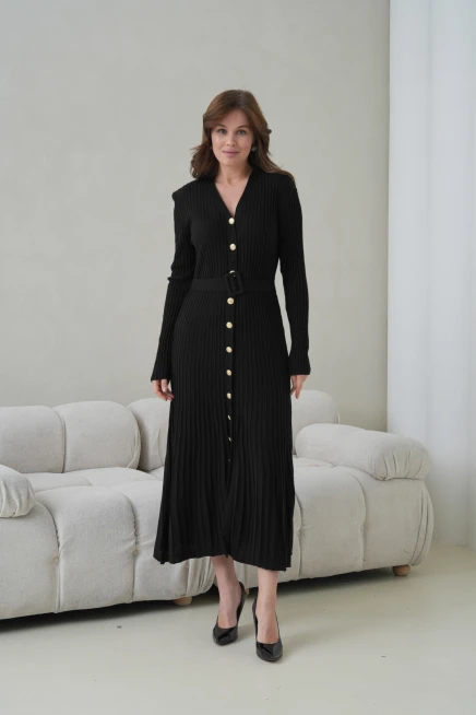 Kadın V Yaka Ful Düğme Kapama Kemer Detay Maksi Boy Fitilli Triko Elbise