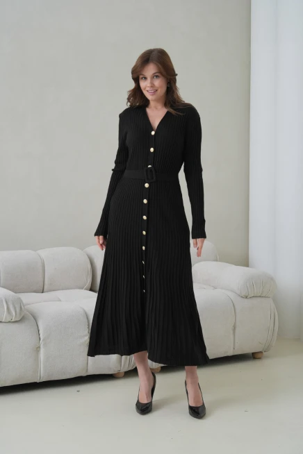 Kadın V Yaka Ful Düğme Kapama Kemer Detay Maksi Boy Fitilli Triko Elbise