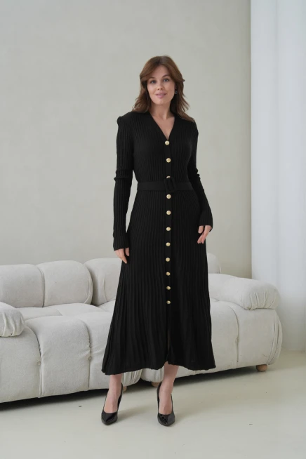 Kadın V Yaka Ful Düğme Kapama Kemer Detay Maksi Boy Fitilli Triko Elbise