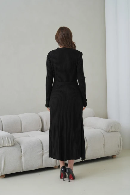 Kadın V Yaka Ful Düğme Kapama Kemer Detay Maksi Boy Fitilli Triko Elbise