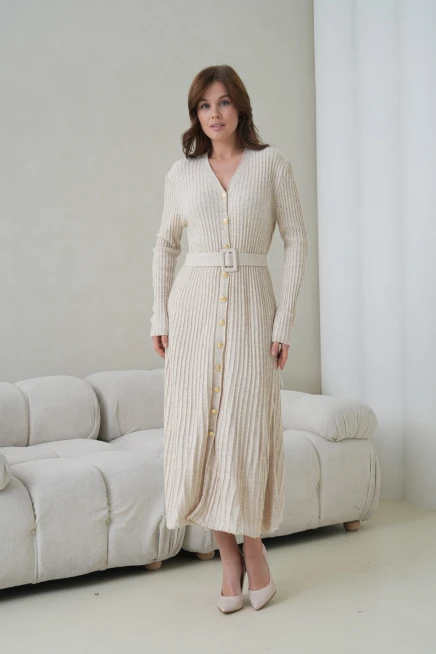 Kadın V Yaka Ful Düğme Kapama Kemer Detay Maksi Boy Fitilli Triko Elbise