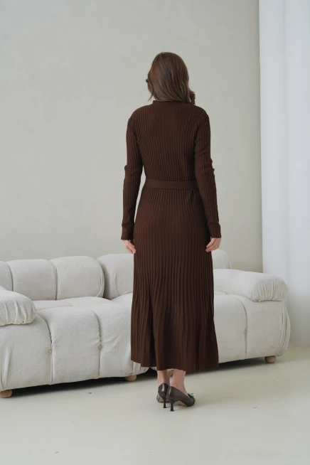 Kadın V Yaka Ful Düğme Kapama Kemer Detay Maksi Boy Fitilli Triko Elbise