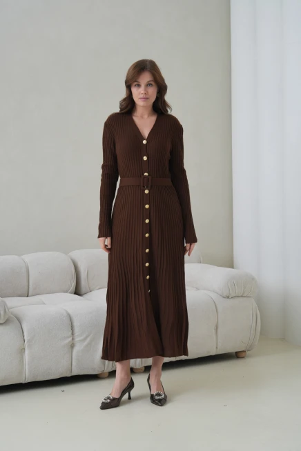 Kadın V Yaka Ful Düğme Kapama Kemer Detay Maksi Boy Fitilli Triko Elbise