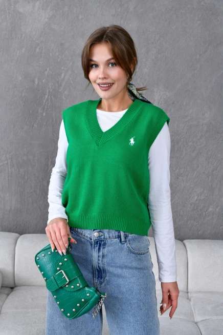 Kadın V Yaka Nakışlı Oversize Basic Triko Sweater