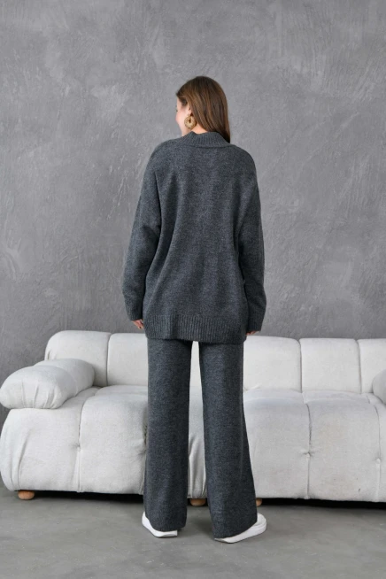 Kadın V Yaka Örgü Detay Oversize Kazak Pantolon İkili Triko Takım