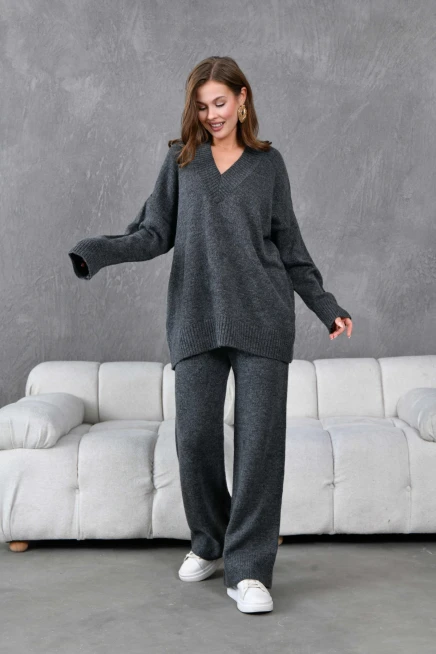 Kadın V Yaka Örgü Detay Oversize Kazak Pantolon İkili Triko Takım