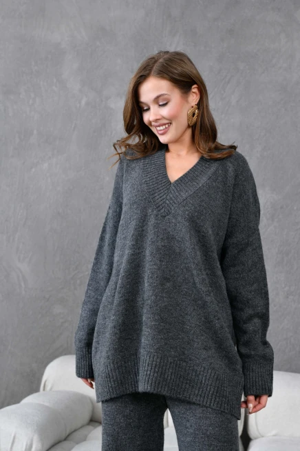 Kadın V Yaka Örgü Detay Oversize Kazak Pantolon İkili Triko Takım