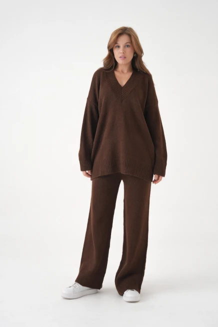 Kadın V Yaka Örgü Detay Oversize Kazak Pantolon İkili Triko Takım