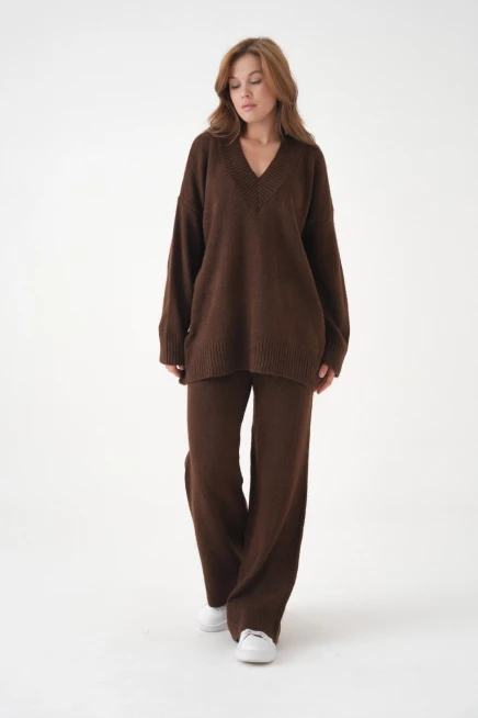 Kadın V Yaka Örgü Detay Oversize Kazak Pantolon İkili Triko Takım