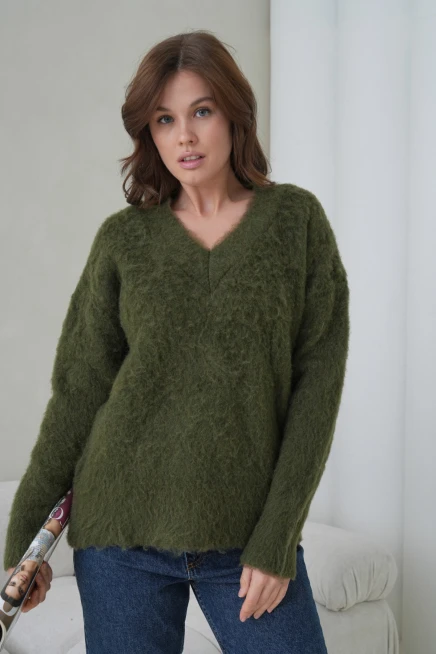 Kadın V Yaka Sakal Dokulu Şardonlu Oversize Triko Kazak 8695