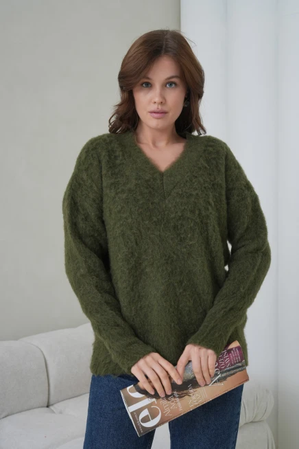 Kadın V Yaka Sakal Dokulu Şardonlu Oversize Triko Kazak 8695