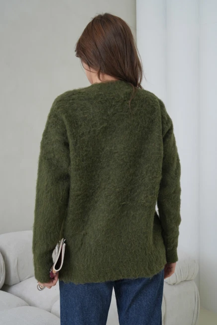 Kadın V Yaka Sakal Dokulu Şardonlu Oversize Triko Kazak 8695