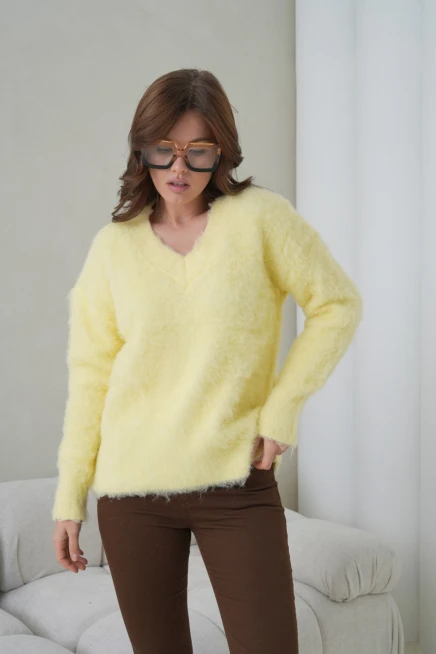 Kadın V Yaka Sakal Dokulu Şardonlu Oversize Triko Kazak 8695