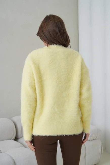 Kadın V Yaka Sakal Dokulu Şardonlu Oversize Triko Kazak 8695