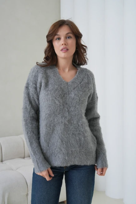 Kadın V Yaka Sakal Dokulu Şardonlu Oversize Triko Kazak 8695