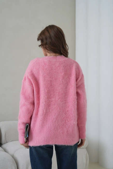 Kadın V Yaka Sakal Dokulu Şardonlu Oversize Triko Kazak 8695