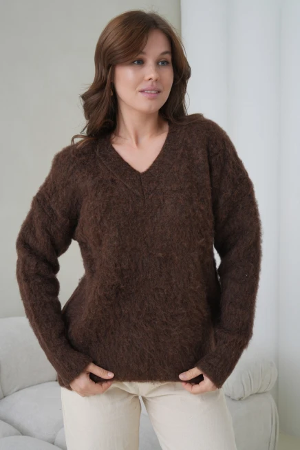 Kadın V Yaka Sakal Dokulu Şardonlu Oversize Triko Kazak 8695