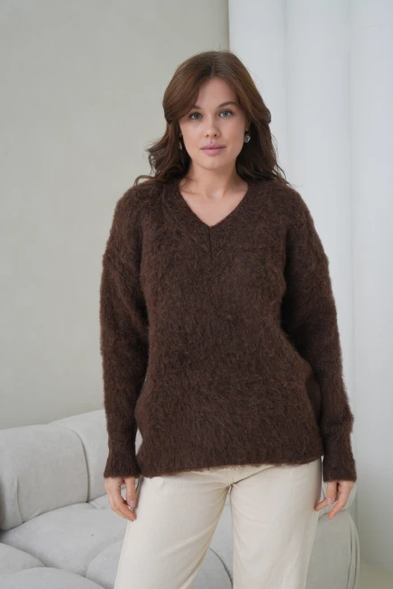 Kadın V Yaka Sakal Dokulu Şardonlu Oversize Triko Kazak 8695