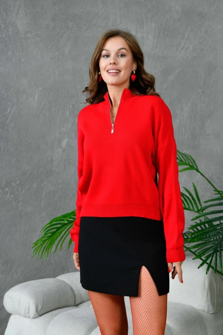 Kadın Yarım Balıkçı Yaka Fermuar Detay Oversize Triko Kazak