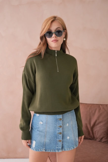 Kadın Yarım Balıkçı Yaka Fermuar Detay Oversize Triko Kazak