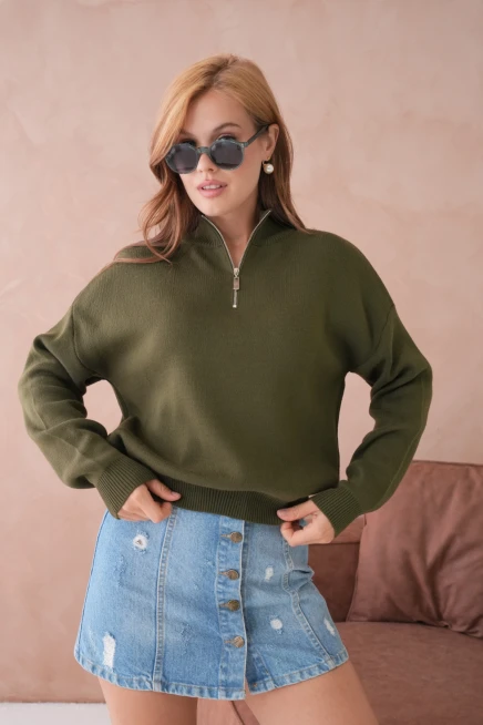 Kadın Yarım Balıkçı Yaka Fermuar Detay Oversize Triko Kazak