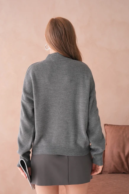 Kadın Yarım Balıkçı Yaka Fermuar Detay Oversize Triko Kazak