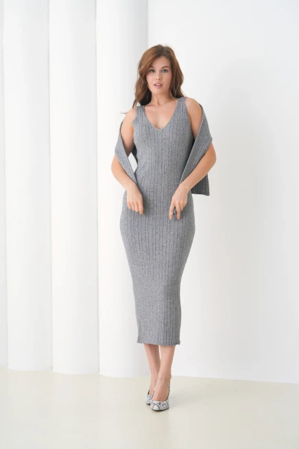 Kadın bisiklet Yaka Düğme Kapama Kaşkorse Ceket Elbise İkili Triko Takım