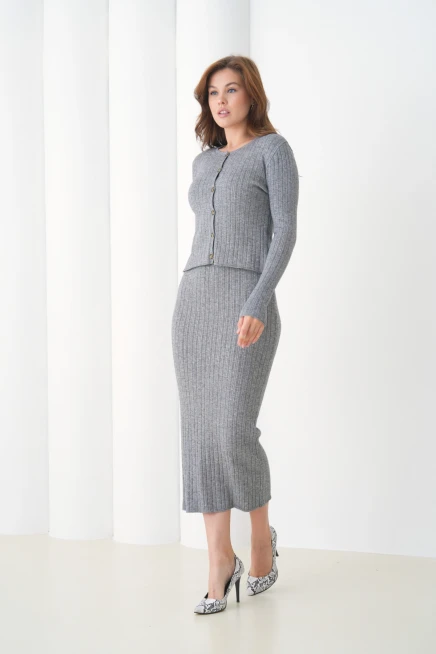 Kadın bisiklet Yaka Düğme Kapama Kaşkorse Ceket Elbise İkili Triko Takım