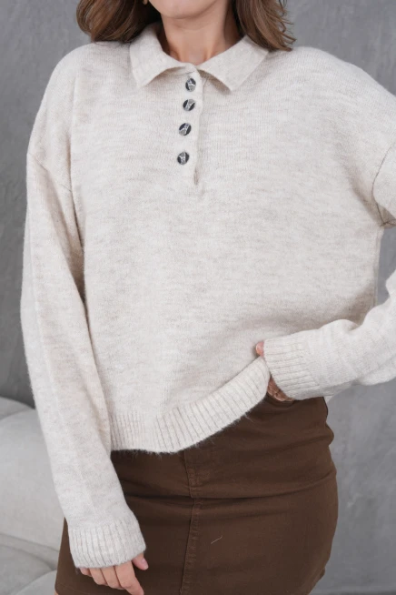Kadınpolo Yaka Yarım Pat Düğme Salaş Triko Kazak